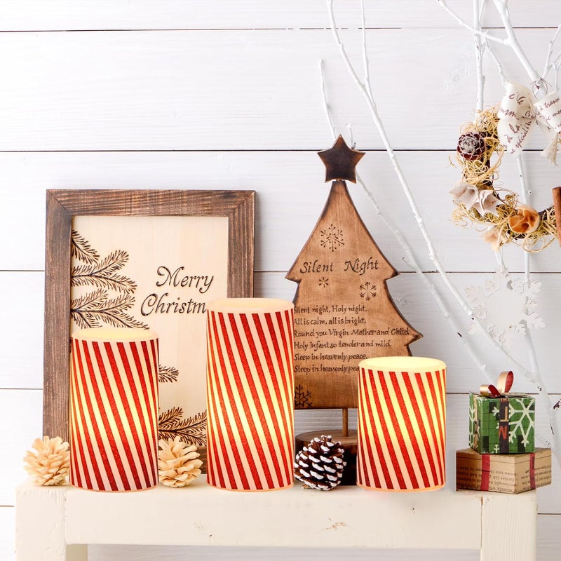 DRomance Christmas Flameless Candles Battery Operated with 6 Hour Timer, Real Wax Flickering LED Pillar Candles Candy Cane Decals Dinner Party Holiday Indoor Table Decor(3 Pack, 3" D x 4", 5", 6" H) - Image 3